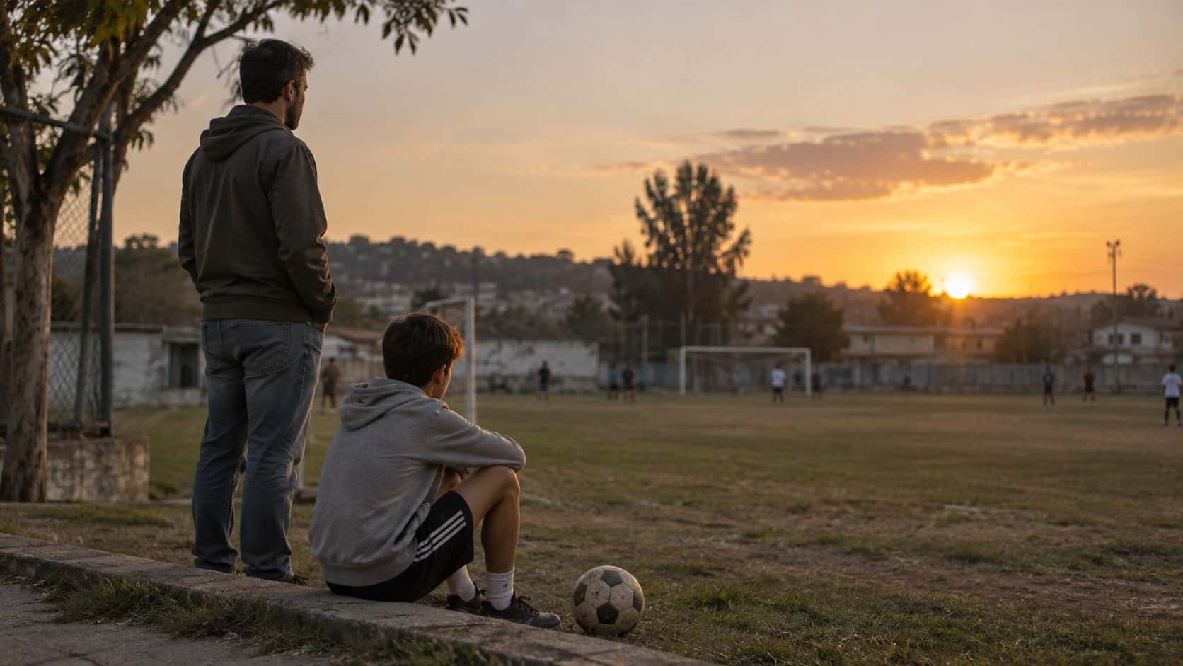 Padre y adolescente junto a un campo de fútbol al atardecer, acompañándose sin presión