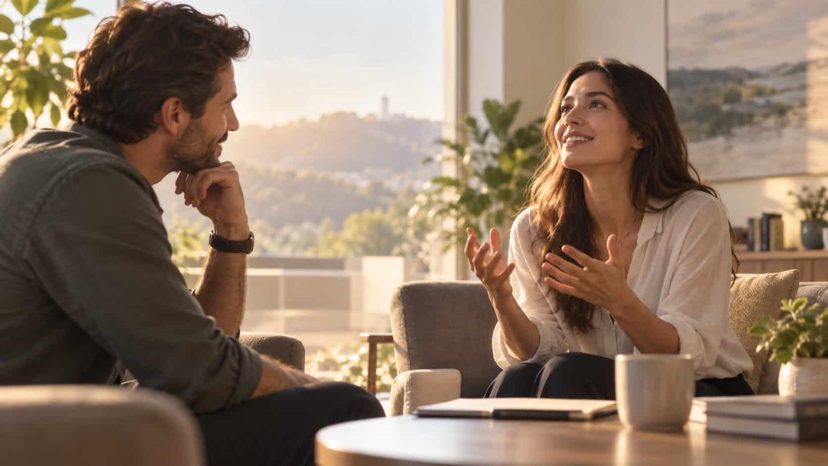 Dos personas conversan con atención sobre un cambio importante y miran hacia un futuro esperanzador. Aportar valor en la venta es esencial