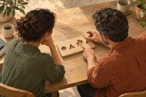 Escuchar al cliente ideal para ofrecer una ayuda que encaje: dos personas observan una pieza de madera y su hueco correspondiente.
