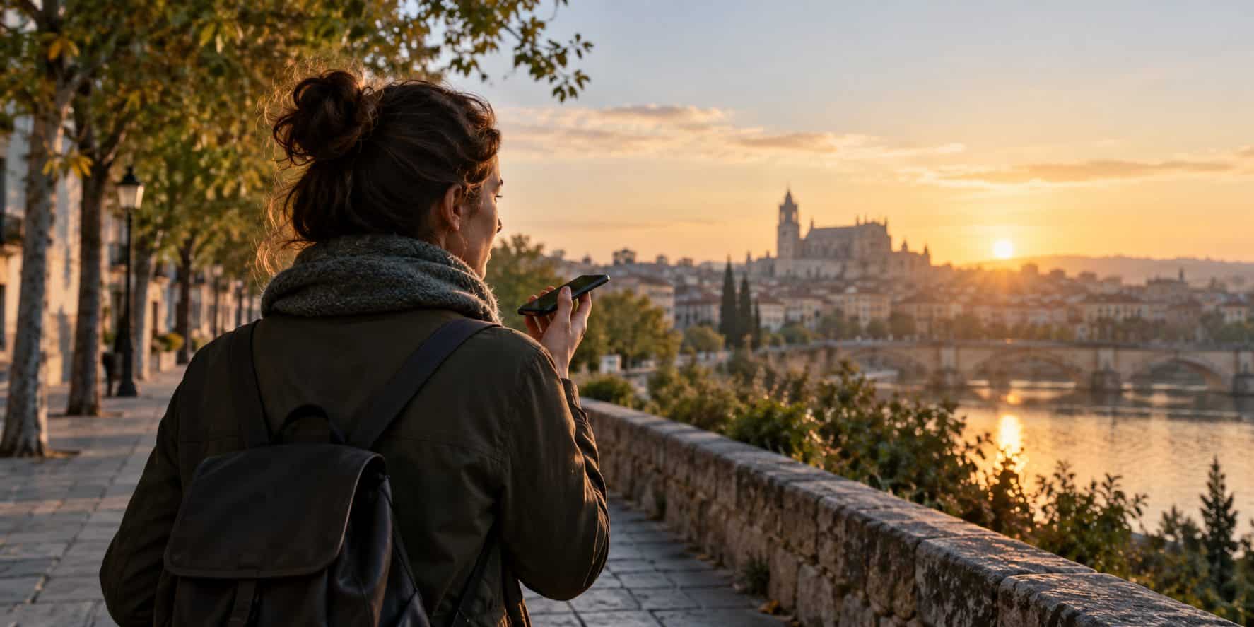 Persona que graba una nota de voz mientras camina al atardecer, punto de partida para crear Reels con IA
