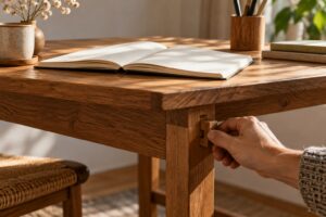 Una mano ajusta la unión de una mesa con un cuaderno abierto, metáfora de cuidar el blog y construir confianza.