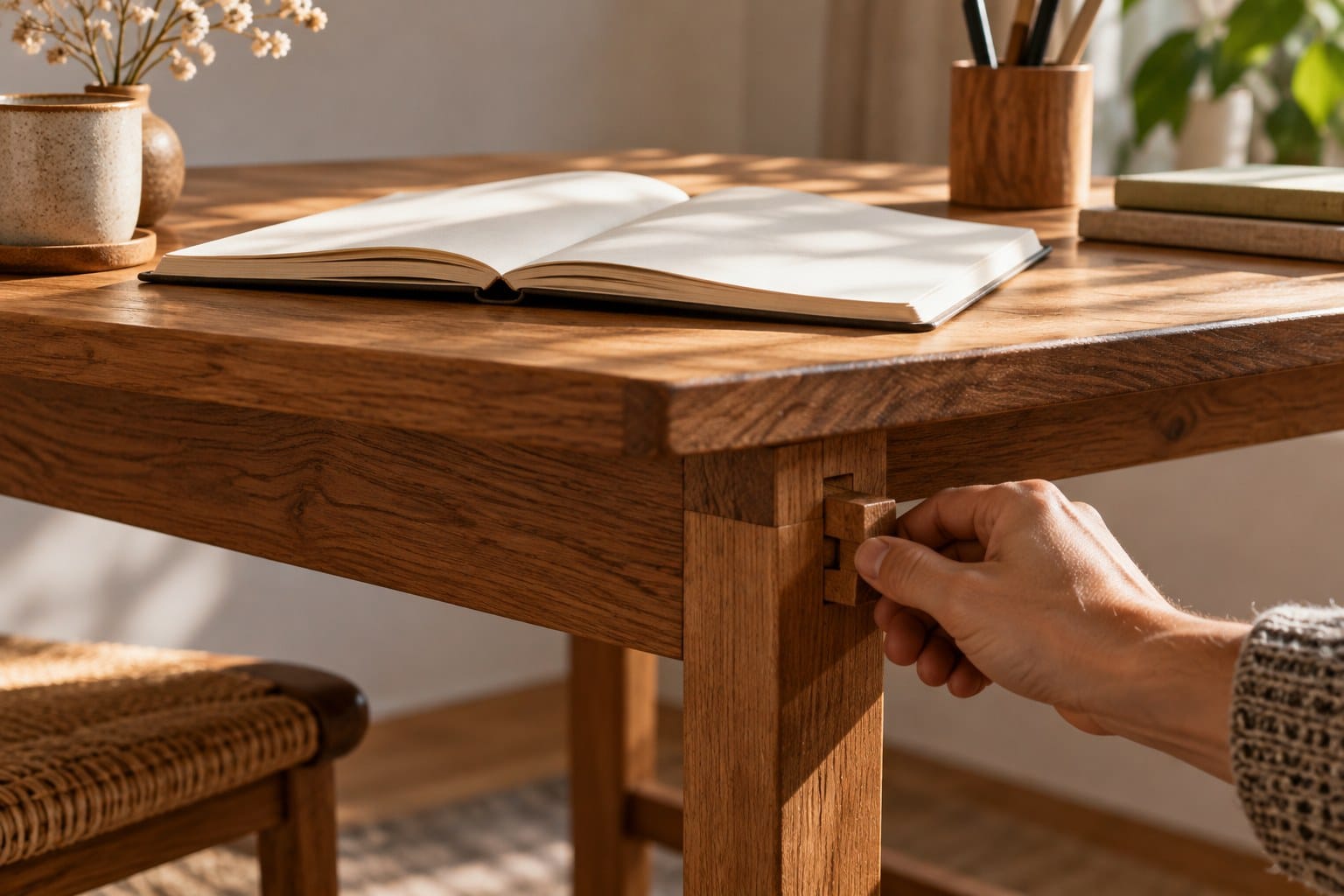 Una mano ajusta la unión de una mesa con un cuaderno abierto, metáfora de cuidar el blog y construir confianza.