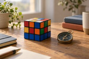 Emprender con valores: cubo de Rubik sin terminar junto a una brújula, símbolo de avanzar desde los principios personales