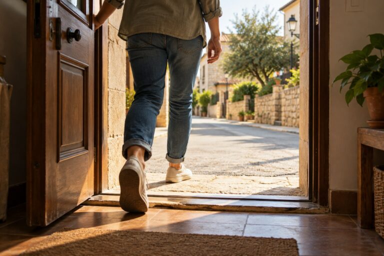 Una persona cruza el umbral de su casa, como símbolo de tomar acción y empezar a aplicar lo aprendido.